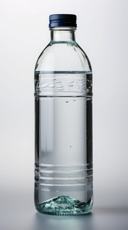 Transparent, fully filled glass bottle on a light background with a screw cap, close up.の素材