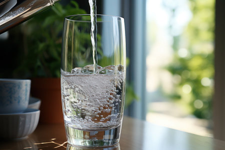 Fresh water from the kitchen tap. A glass is filled with clear, sparkling water straight from the tap in a modern kitchen.の素材