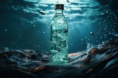 Underwater world of a clear glass bottle. A glass bottle filled with sparkling water submerged in a dark aquatic scene.の素材
