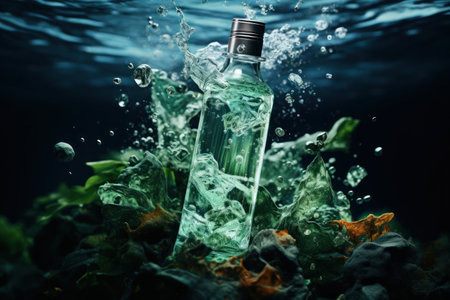 Glass bottle with dynamic water feature. Water vividly laps around a clear bottle, surrounded by deep green underwater plants.の素材
