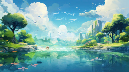 A visionary green-hued panorama of a peaceful world where lush, floating gardens float above crystal clear waters.の素材