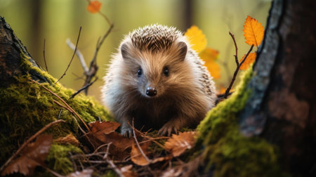 Watchful hedgehogs between autumn leaves. Cute spiny animal looks around carefully, nestled in the colorful foliage of a forest.の素材