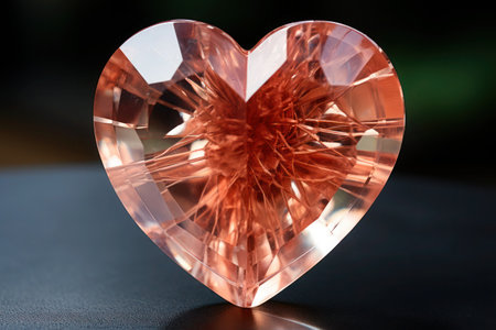Heart-shaped diamond in peach color shot macro. Macro shot of a heart-shaped crystal with peach reflections and a multifaceted cut.の素材