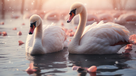 Harmonious pair of swans in a twilight mood. An elegant duo of swans swim gently between water reflections in the warm peach-colored twilight.の素材