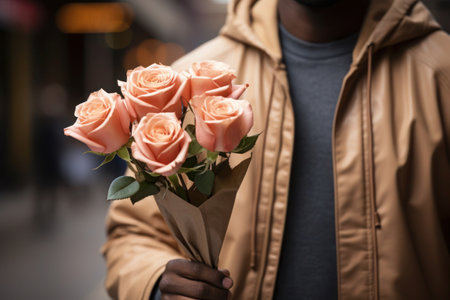 Young man with charming smile holding bouquet of roses on city street, perfect combination for romantic gesture, concept Valentine's Day or Women's Dayの素材