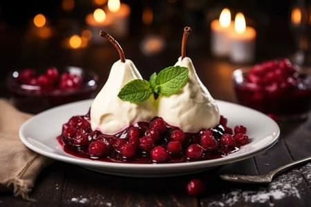Two custard-coated pears served on a plate with rich berry sauce, decorated with fresh mint, close up.の素材