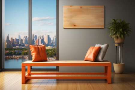Stylish interior design with breathtaking city views in the background, emphasized by natural light and clean lines, copy space.の素材