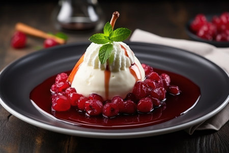Duo of panna cotta in berry sauce. Two perfectly formed panna cotta on a mirror of rich berry sauce, decorated with fresh mint.の素材