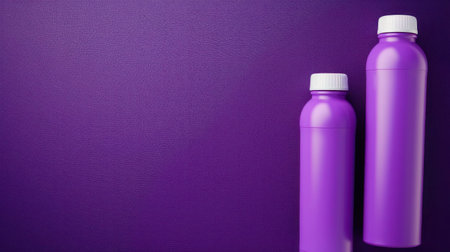 Relaxation and fitness: yoga equipment. Essential yoga equipment, consisting of a mat and a two bottles, on a color-coordinated background.の素材