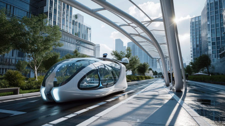 Future-oriented public transport with solar energy. Driverless emission-free autonomous shuttles drive on a road.の素材