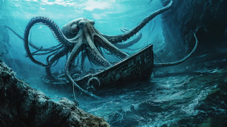 Myth of the deep sea: octopus versus boat. A giant deep-sea octopus, the stuff of sailor tales, rises to seize a boat.の素材