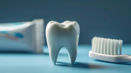 White tooth, tube of toothpaste and toothbrush with on pastel blue background. People's dental hygiene. Empty space for text, quotes, sayings or logos. Close up.の素材