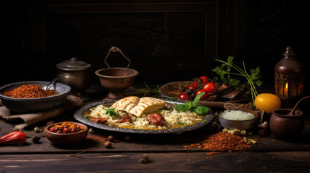 Rustic Iftar meal in traditional style. Various oriental dishes artfully arranged on a wooden table, dark background.の素材