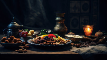 Healthy iftar food with fresh fruits. A selection of nuts and fresh fruit on a metal plate, atmospherically lit, copy space.の素材