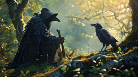 A wise raven disguised as a wizard in a cloak sits next to a young raven in a sunlit forest, copy space.の素材