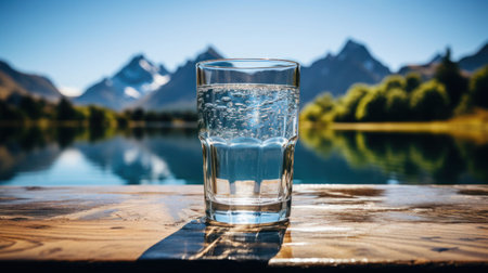 Purity and nature: glass of water outdoors. A calm glass of clear water stands on a wooden pier surrounded by a breathtaking mountain landscapeの素材