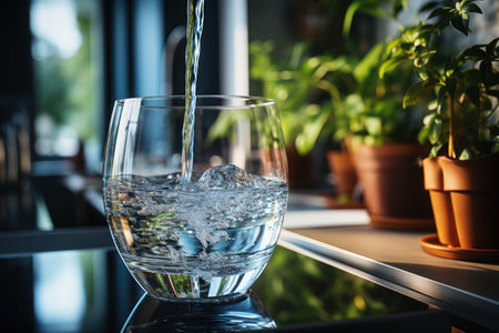 Fresh water from the kitchen tap. A glass is filled with clear, sparkling water straight from the tap in a modern kitchenの素材