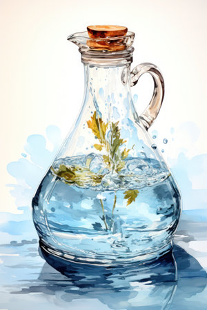 Artist's impression of a filled water jug. An illustration of a water jug with vibrant bubbles and green leaf accents using a watercolor technique.の素材