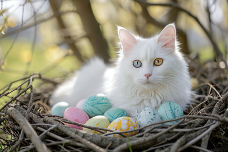 White cat watches over Easter eggs. A white long-haired cat lies in a nest full of colorful Easter eggs.の素材