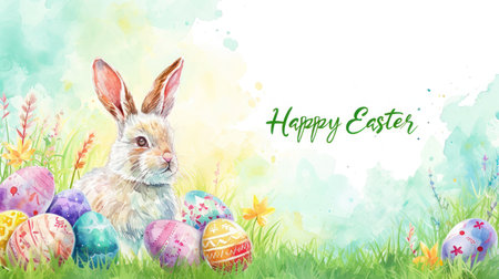 Green lettering: Happy Easter with bunnies and eggs. A bunny looks into the distance amidst Easter eggs and spring-like watercolors.の素材