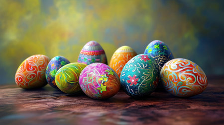 Colorful hand-painted Easter eggs close-up. An abundance of detailed decorated Easter eggs in intense colors, lined up close together on a yellow-dark background.の素材