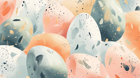 Pastel colored Easter eggs in an abstract arrangement. Illustration of Easter eggs in soft pastel tones scattered with abstract patterns and splashes.の素材