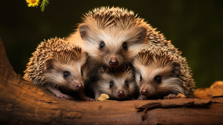 Mother hedgehog with cubs in forest hiding place. A mother hedgehog and her little ones curiously explore the underforest, surrounded by moss and leaves.の素材