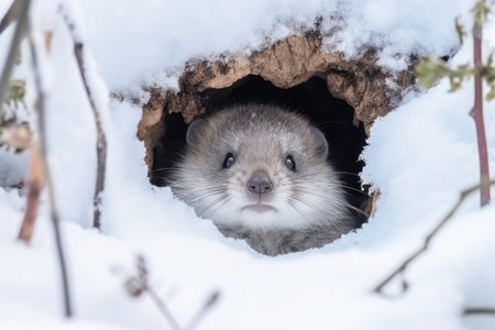 Curious hamster looks out from snow hiding place. A forest animal looks cautiously out of a snowy shelter in its winter habitat.の素材
