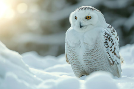 Yellow-eyed owl in snowy silence. Amidst falling snowflakes, a majestic snowy owl rests, its yellow eyes piercing the wintry silence.の素材