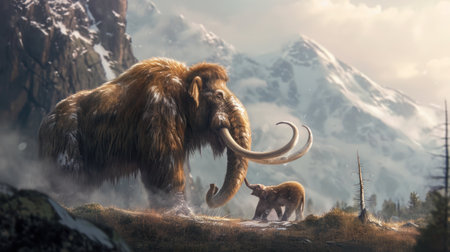 Mammoth mother with young animal in snowy landscape. A mammoth mother stands protectively next to her young animal on a snowy plain.の素材