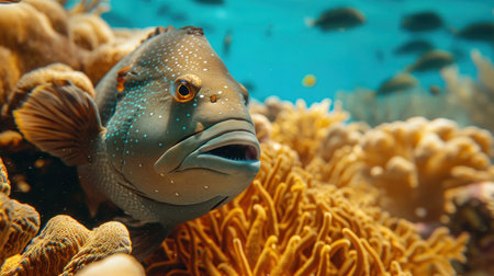 Big fish in coral splendor. A majestic colorful fish peeps out of the coral reef with yellow anemones in the clear blue water, copy space.の素材