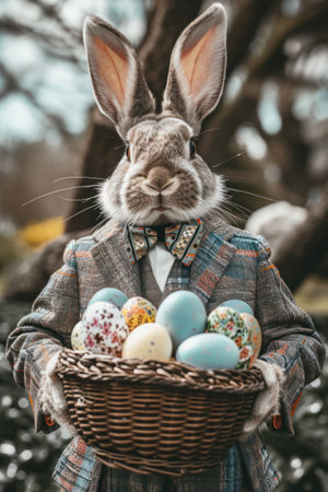 An Easter bunny in human clothing holds a basket with colorful Easter eggs in front of a forest, vertical.の素材
