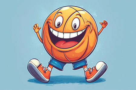 Happy basketball character on a blue background. A happy basketball with hands and feet posing on a plain blue background.の素材