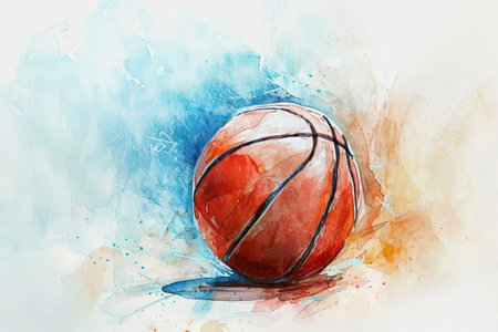 A basketball in watercolor technique. Colorful sketch of a basketball, artfully illustrated in watercolor with bold orange and blue tones, copy space.の素材