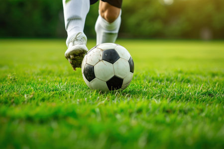 Skill captured in soccer training. A soccer player's legs in action on lush turf as he deftly controls and advances the ball.の素材