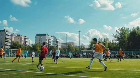 Urban football game on the city field. Amateur players enjoy a lively football match on an urban pitch, embedded in the city panorama.の素材