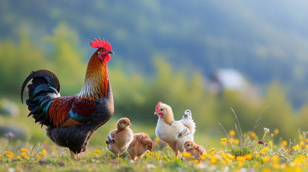Rooster and chicks on a spring meadow. A colorful rooster stands watchful over his chicks in the middle of a blooming meadow in spring, copy space.の素材