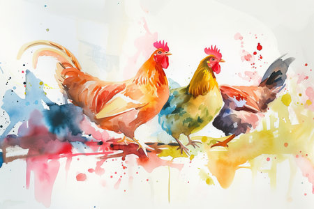 Vibrant watercolor roosters on a white background. Two roosters in vibrant watercolors, depicted abstractly with dynamic splashes of color.の素材