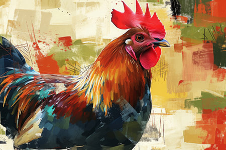 Single rooster in modern collage art. A rooster in bold colors embedded in a digital collage with an abstract background.の素材