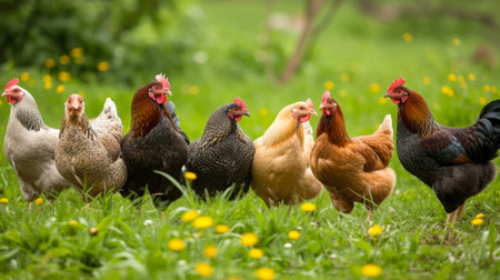 Sun drenched morning on the farm. Chickens of different breeds explore their territory on a rural farm, surrounded by gentle rays of sunshine and the fresh green of spring.の素材