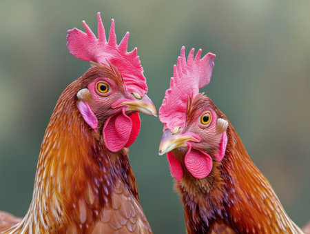 Two Rhode Island Reds in close-up. Two Rhode Island Red Roosters show off their bright red crests and wattle in a detailed close-up.の素材