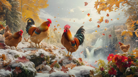 Poultry in the first snow of autumn. Roosters and hens explore a snow-covered landscape surrounded by autumn foliage and a waterfall backdrop.の素材