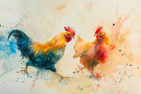 Dynamic watercolor duo of farm roosters. Two roosters in full motion, painted with watercolors, surrounded by fleeting splashes of color.の素材