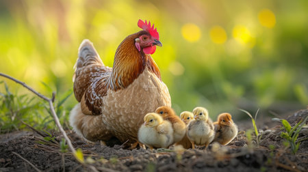Hen with chicks in the morning sun. A hen guards her fluffy chicks against a backdrop of soft, golden morning light, copy space.の素材