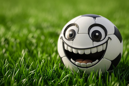 A happy cartoon soccer ball with big eyes rests on the thick green grass, copy spaceの素材