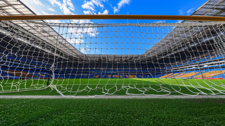The calm atmosphere of an empty stadium captured through the net of the football goal on fresh grass.の素材