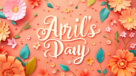 Floral arrangement for April Fool's Day. A lovingly designed card with blooming paper flowers and the inscription April's Day on a peach-colored background.の素材