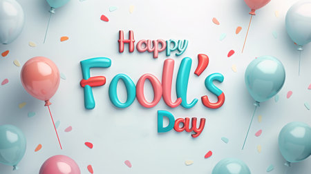 Festive card with April Fools' Day theme. Paper artwork of blooming flowers, air balloons and modern lettering proclaiming Happy Fool's Day on blue background.の素材