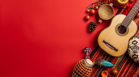 Greeting card with traditional Mexican fiesta instruments and decorations. Arrangement of guitar, trumpet and other objects on a red background, ceremoniously presented.の素材