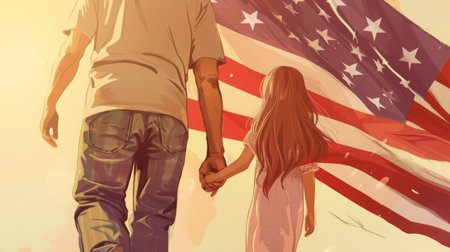 Peaceful steps under the American flag. Rear view of a civilian and a child, holding hands, with the US flag blowing in the wind.の素材